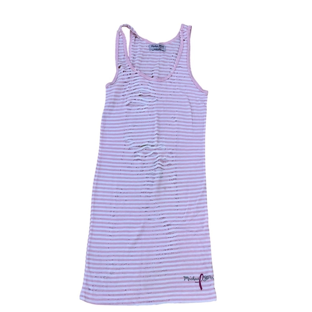 Michael Stars Pink/White Striped Distressed Ribbed Tank Cover-Up One Size